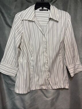 Essentials by Milano White Button-Front Striped Blouse